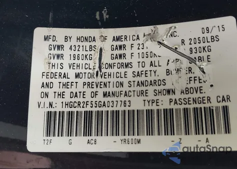 2016 Honda Accord Sport из США, поврежденный, VIN 1HGCR2F55GA037763